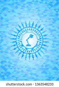 desk lamp icon inside light blue emblem. Mosaic background