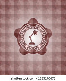 desk lamp icon inside red emblem or badge with abstract geometric pattern background. Seamless.