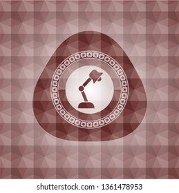 desk lamp icon inside red emblem with geometric pattern background. Seamless.