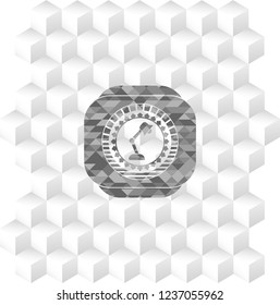 desk lamp icon inside retro style grey emblem with geometric cube white background