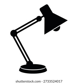 Desk lamp icon, lighting, workspace. Black and white graphic for study, office and illumination themes.