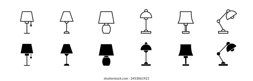 Desk lamp icon set. Line and glyph table lamp. Desk lamp collection.