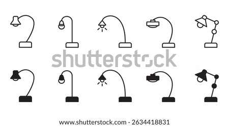 Desk lamp icon set. Table Lamp light vector icons, Line and glyph table lamp. Desk lamp collection. Vector icon set in transparent background.