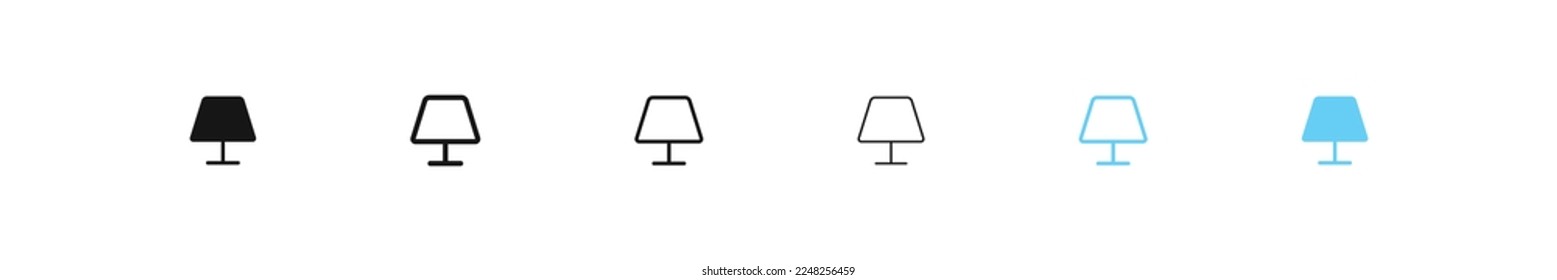 Desk lamp icon. Table lamp shade symbol. Bedroom bulb signs. Stand for reading icons. Black and blue color. Vector isolated sign.