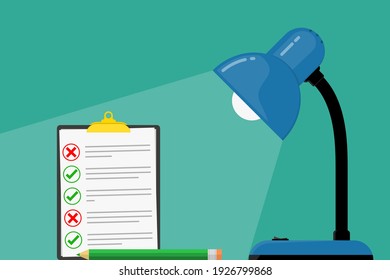 Icono de la lámpara de escritorio. Mesa de trabajo con lámpara de escritorio y lista de verificación. Ilustración vectorial. Proceso de trabajo.