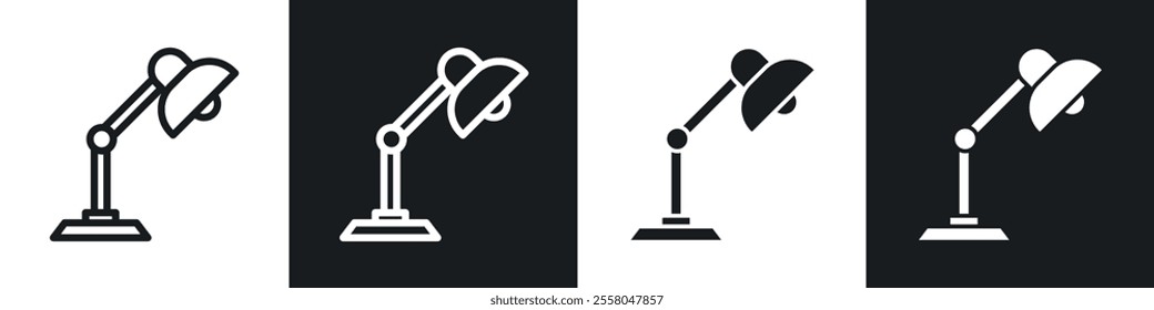 Desk lamp icons pack in black and white filled and outlined versions.