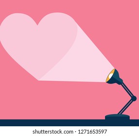 desk lamp illuminates its ray in heart shape to the wall vector illustration design with space for text