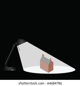 Desk lamp illuminating a residential house isolated with copy space