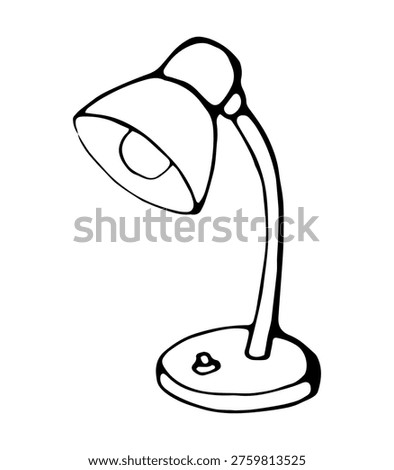 Desk lamp illustration hand drawn in minimal black and white line art style isolated on white background. Lighting object for workspace.