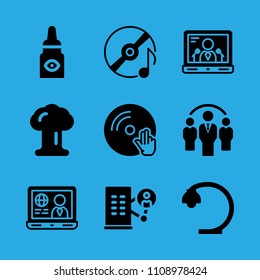 desk lamp, laptop, eye drops, laptop, compact disc, explosion, office block, group and vinyl vector icon. Simple icons set