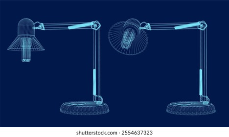 Desk Lamp with Light Bulb in wireframe Style. Vector illustration. Isolated on blue background. 3D