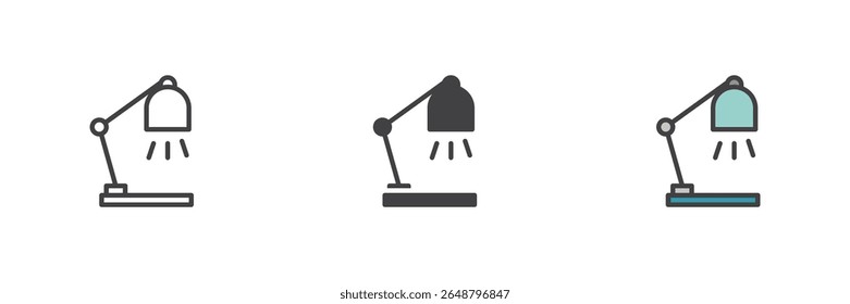 Desk lamp line icon, solid and filled outline colorful icon set featuring adjustable office desk lamp outline, solid lamp icon and filled outline version as color vector sign symbol.