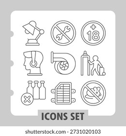 Lámpara de escritorio, oyente, botellas Conjunto de iconos simples que representan prohibiciones, señalización, lineamientos y artículos de seguridad en estilo de contorno para App e impresión sobre fondo blanco. Conjunto de nueve iconos de línea delgada