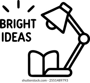 Desk Lamp and Notebook with Bright Ideas text isolated on white background concept as Camera movement Highlight the desk lamp and notebook focusing on idea generation. Scene Simple