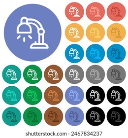Desk lamp outline multi colored flat icons on round backgrounds. Included white, light and dark icon variations for hover and active status effects, and bonus shades.