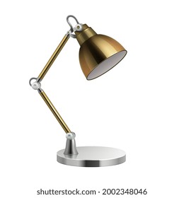 Desk lamp. Realistic metal office lighting accessories, isolated gold bulb 3d vector element