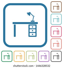 Desk with lamp simple icons in color rounded square frames on white background