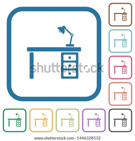 Desk with lamp simple icons in color rounded square frames on white background