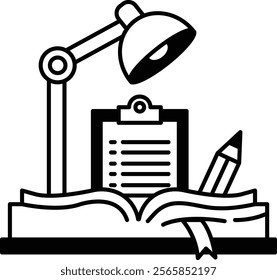 A desk lamp sits on top of a book with a clipboard and a pencil. Concept of a workspace or study area, where one can focus on tasks and take notes. The presence of the clipboard