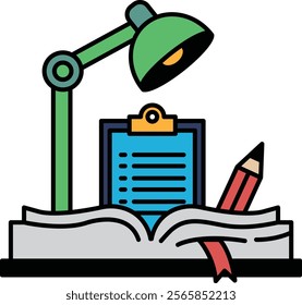 A desk lamp sits on top of a book with a pencil and a clipboard. The clipboard has a list of things to do