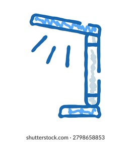 Desk lamp sketch casting a bright glow, symbolizing idea, study and focused work, hand drawn blue line art on white background for creative, educational, or office concepts