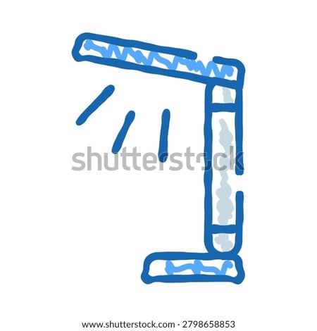 Desk lamp sketch casting a bright glow, symbolizing idea, study and focused work, hand drawn blue line art on white background for creative, educational, or office concepts