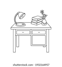 Desk Lamp with stack of book on the table vector illustration, simple hand drawn educational object Line Icon 