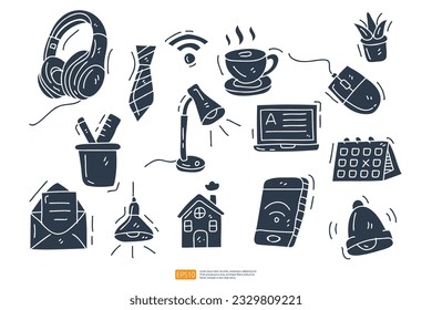 desk lamp, stationery pencil ruler, Desk Calendar, Opened Envelope Mail cute doodle icon set. Work From Home or Freelancer Concept vector Illustration