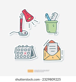 desk lamp, stationery pencil ruler, Desk Calendar, Opened Envelope Mail cute doodle icon. sticker set vector illustration