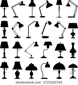 Conjunto de iconos de lámpara de escritorio y luz de mesa. Contiene luces de oficina ajustables, lámparas de noche con cortinas, luces de lectura y siluetas de muebles.