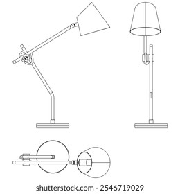 Lámpara de escritorio o lámpara de mesa Vector. Vistas frontal, lateral y superior para colorear o diseñar