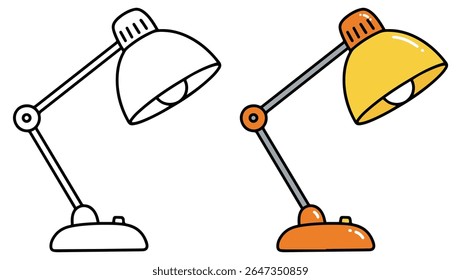 Desk Lamp Vector Clipart – Cute Yellow and Orange Study Lamp in Color and Outline for Kids and Decor