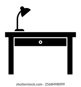 Desk with lamp vector icon. Workspace furniture symbol for office, study, and interior design themes. Black silhouette isolated on white background.