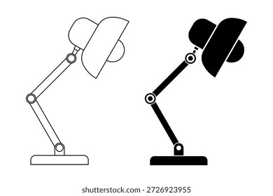 Ilustración vectorial de la lámpara de escritorio, conjunto de iconos de luz de estudio ajustable, silueta minimalista de la lámpara de mesa de oficina y Diseño gráfico de arte de línea de contorno para el concepto de iluminación interior del espacio de trabajo aislado.