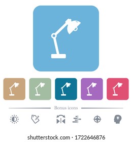 Desk lamp white flat icons on color rounded square backgrounds. 6 bonus icons included