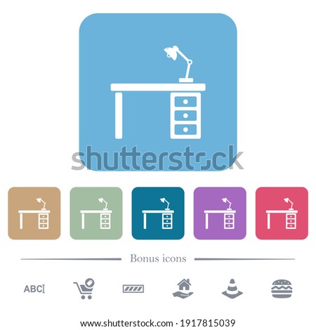 Desk with lamp white flat icons on color rounded square backgrounds. 6 bonus icons included