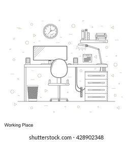 Desk with lamp, window and computer at home. Business room freelancer. Linear style. Workplace. The interior of the home. The wooden table. Vector illustration.