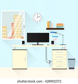 Desk with lamp, window and computer at home. Business room freelancer. A flat style. Workplace. The interior of the home. The wooden table. Vector illustration.