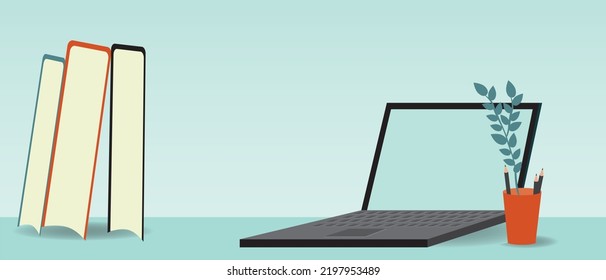Desk with laptop and books as workspace for studying, flat vector stock illustration or copy space template, no people