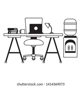 desk laptop chair water dispenser books coffee cup workplace office furniture vector illustration