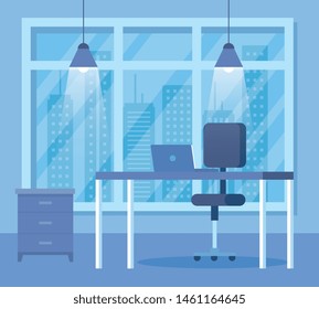 desk with laptop and chair with window and lights