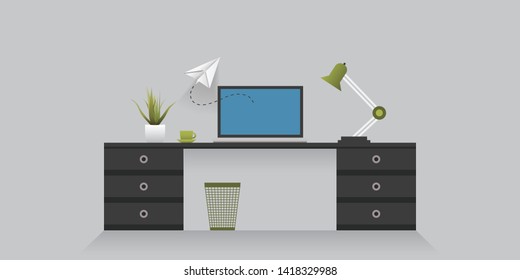 Schreibtisch mit Laptop-Computer - Remote, Freelance beim Design von Home Concept - Vektorgrafik