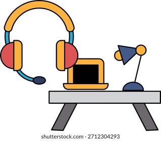Ein Schreibtisch mit einem Laptop, eine Lampe und ein Headset. Der Schreibtisch ist für Arbeit oder Studium eingerichtet