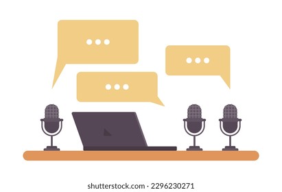 Desk with laptop and microphones semi flat color vector objects. Speech clouds. Editable icon. Full sized items on white. Simple cartoon spot illustration for web graphic design and animation