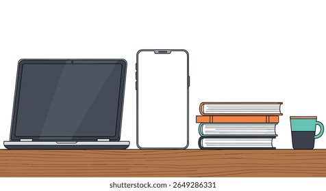 Desk with a laptop a smartphone stack of books and a coffee cup representing a workspace for learning and productivity