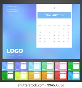 Desk Light Calendar 2016 with space for photo Vector Template. Set of 12 Months. Week Starts Monday