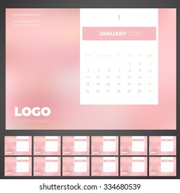 Desk Light Calendar 2016 with space for photo Vector Template. Set of 12 Months. Week Starts Monday