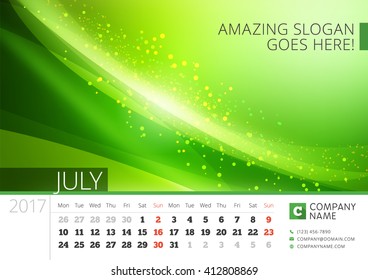 Desk Line Calendar for 2017 Year. Vector Design Print Template with Abstract Background. July. Week Starts Monday