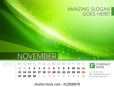 Desk Line Calendar for 2017 Year. Vector Design Print Template with Abstract Background. November. Week Starts Monday