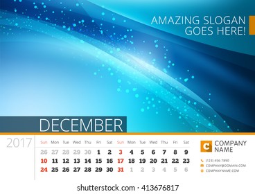 Desk Line Calendar for 2017 Year. Vector Design Print Template with Abstract Background. December. Week Starts Sunday